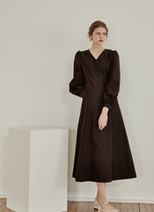 Elegant V-Neck Cotton Poplin Dress with Long Sleeves and Flared Midi Hemline for Refined Styling