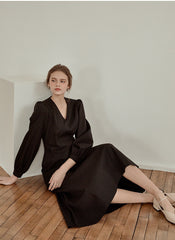 Elegant V-Neck Cotton Poplin Dress with Long Sleeves and Flared Midi Hemline for Refined Styling