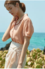 Soft Silk Short-Sleeve Blouse With Pearl Button Detail and Tailored Collar for Elegant Summer Wear