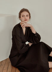 Elegant V-Neck Cotton Poplin Dress with Long Sleeves and Flared Midi Hemline for Refined Styling