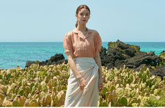 Soft Silk Short-Sleeve Blouse With Pearl Button Detail and Tailored Collar for Elegant Summer Wear