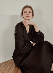 Elegant V-Neck Cotton Poplin Dress with Long Sleeves and Flared Midi Hemline for Refined Styling