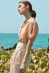 Soft Silk Short-Sleeve Blouse With Pearl Button Detail and Tailored Collar for Elegant Summer Wear