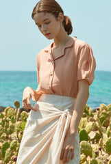 Soft Silk Short-Sleeve Blouse With Pearl Button Detail and Tailored Collar for Elegant Summer Wear