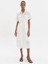 Chic Linen Belted Shirt Dress with Short Sleeves and Utility Pockets for Women