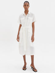 Chic Linen Belted Shirt Dress with Short Sleeves and Utility Pockets for Women