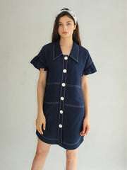 Linen Mini Dress with Ruffle Sleeves and Oversized Collar Detail