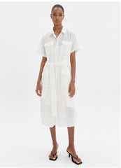 Chic Linen Belted Shirt Dress with Short Sleeves and Utility Pockets for Women