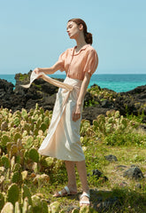 Soft Silk Short-Sleeve Blouse With Pearl Button Detail and Tailored Collar for Elegant Summer Wear