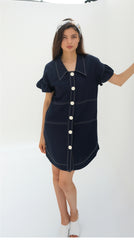 Linen Mini Dress with Ruffle Sleeves and Oversized Collar Detail