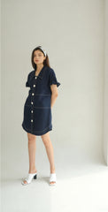 Linen Mini Dress with Ruffle Sleeves and Oversized Collar Detail