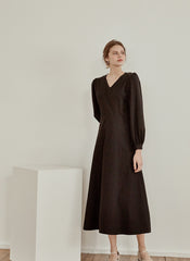 Elegant V-Neck Cotton Poplin Dress with Long Sleeves and Flared Midi Hemline for Refined Styling