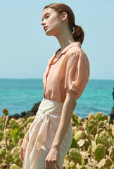 Soft Silk Short-Sleeve Blouse With Pearl Button Detail and Tailored Collar for Elegant Summer Wear