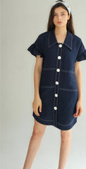 Linen Mini Dress with Ruffle Sleeves and Oversized Collar Detail