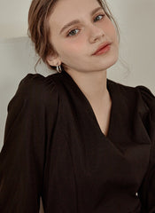 Elegant V-Neck Cotton Poplin Dress with Long Sleeves and Flared Midi Hemline for Refined Styling