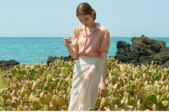 Soft Silk Short-Sleeve Blouse With Pearl Button Detail and Tailored Collar for Elegant Summer Wear