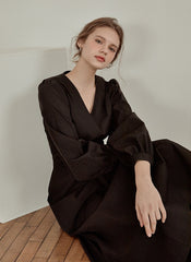 Elegant V-Neck Cotton Poplin Dress with Long Sleeves and Flared Midi Hemline for Refined Styling