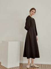 Elegant V-Neck Cotton Poplin Dress with Long Sleeves and Flared Midi Hemline for Refined Styling