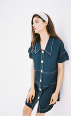 Linen Mini Dress with Ruffle Sleeves and Oversized Collar Detail