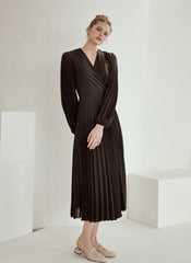 Elegant V-Neck Cotton Poplin Dress with Long Sleeves and Flared Midi Hemline for Refined Styling