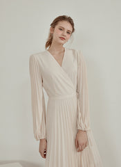 Pleated V-Neck Midi Dress in Lightweight Linen with Long Sleeves and Flattering Wrap Silhouette