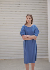 Linen Midi Dress With V-Neckline, Belted Waist, And Relaxed Half Sleeves For Modern Elegance