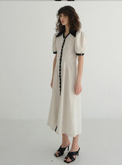 Button-Front Linen Mini Dress with Ruffle Sleeves and Oversized Collar