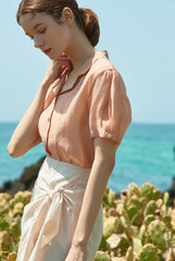 High-Waisted Wrap-Style Midi Skirt in Breathable Linen Fabric With Front Tie and Elegant Drape