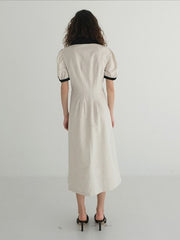 Button-Front Linen Mini Dress with Ruffle Sleeves and Oversized Collar
