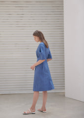 Linen Midi Dress With V-Neckline, Belted Waist, And Relaxed Half Sleeves For Modern Elegance