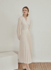 Pleated V-Neck Midi Dress in Lightweight Linen with Long Sleeves and Flattering Wrap Silhouette
