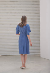 Linen Midi Dress With V-Neckline, Belted Waist, And Relaxed Half Sleeves For Modern Elegance