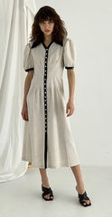 Button-Front Linen Mini Dress with Ruffle Sleeves and Oversized Collar
