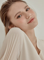 Pleated V-Neck Midi Dress in Lightweight Linen with Long Sleeves and Flattering Wrap Silhouette