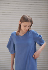 Linen Midi Dress With V-Neckline, Belted Waist, And Relaxed Half Sleeves For Modern Elegance