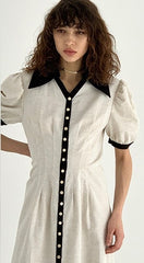 Button-Front Linen Mini Dress with Ruffle Sleeves and Oversized Collar