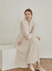 Pleated V-Neck Midi Dress in Lightweight Linen with Long Sleeves and Flattering Wrap Silhouette