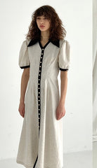 Button-Front Linen Mini Dress with Ruffle Sleeves and Oversized Collar