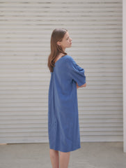 Linen Midi Dress With V-Neckline, Belted Waist, And Relaxed Half Sleeves For Modern Elegance