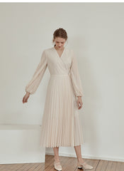 Pleated V-Neck Midi Dress in Lightweight Linen with Long Sleeves and Flattering Wrap Silhouette