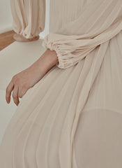 Pleated V-Neck Midi Dress in Lightweight Linen with Long Sleeves and Flattering Wrap Silhouette