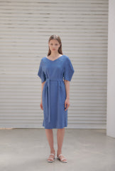 Linen Midi Dress With V-Neckline, Belted Waist, And Relaxed Half Sleeves For Modern Elegance