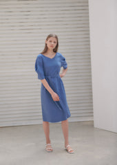 Linen Midi Dress With V-Neckline, Belted Waist, And Relaxed Half Sleeves For Modern Elegance