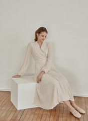 Pleated V-Neck Midi Dress in Lightweight Linen with Long Sleeves and Flattering Wrap Silhouette