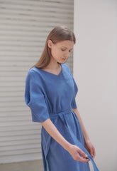 Linen Midi Dress With V-Neckline, Belted Waist, And Relaxed Half Sleeves For Modern Elegance