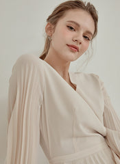 Pleated V-Neck Midi Dress in Lightweight Linen with Long Sleeves and Flattering Wrap Silhouette