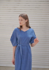 Linen Midi Dress With V-Neckline, Belted Waist, And Relaxed Half Sleeves For Modern Elegance