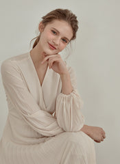 Pleated V-Neck Midi Dress in Lightweight Linen with Long Sleeves and Flattering Wrap Silhouette