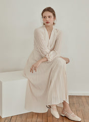 Pleated V-Neck Midi Dress in Lightweight Linen with Long Sleeves and Flattering Wrap Silhouette