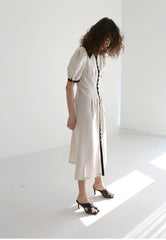 Button-Front Linen Mini Dress with Ruffle Sleeves and Oversized Collar